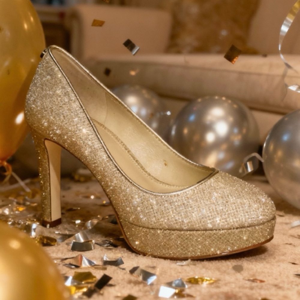 MICHAEL Michael Kors Pale Gold Glitter Chain Mesh Platform Pumps - Picture 4 of 16